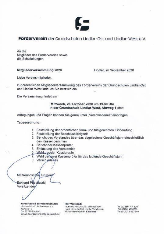 Einladung Mitgliederversammlung 2020 Förderverein Familie Liemann aus Lindlar